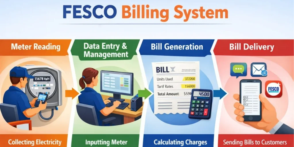 FESCO Billing System Infographic showing the FESCO electricity billing process in four steps