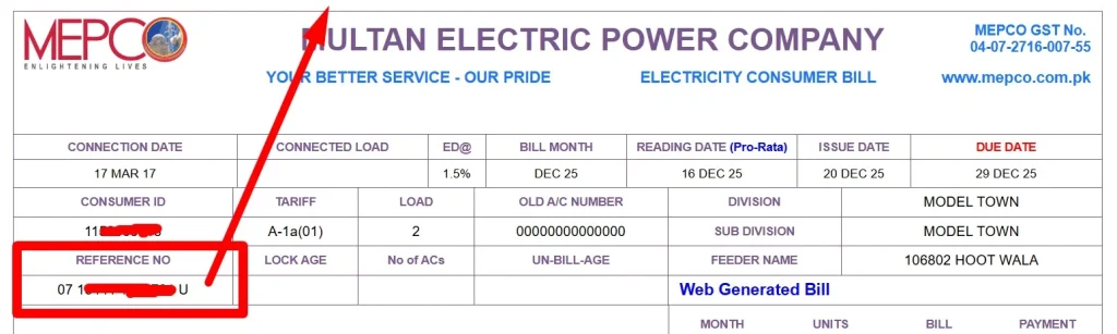 MEPCO Bill A screenshot of Mepco bill with highlighted refrence number