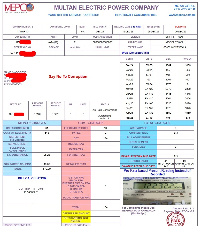 MEPCO Bill A Copy of full Mepco Bill