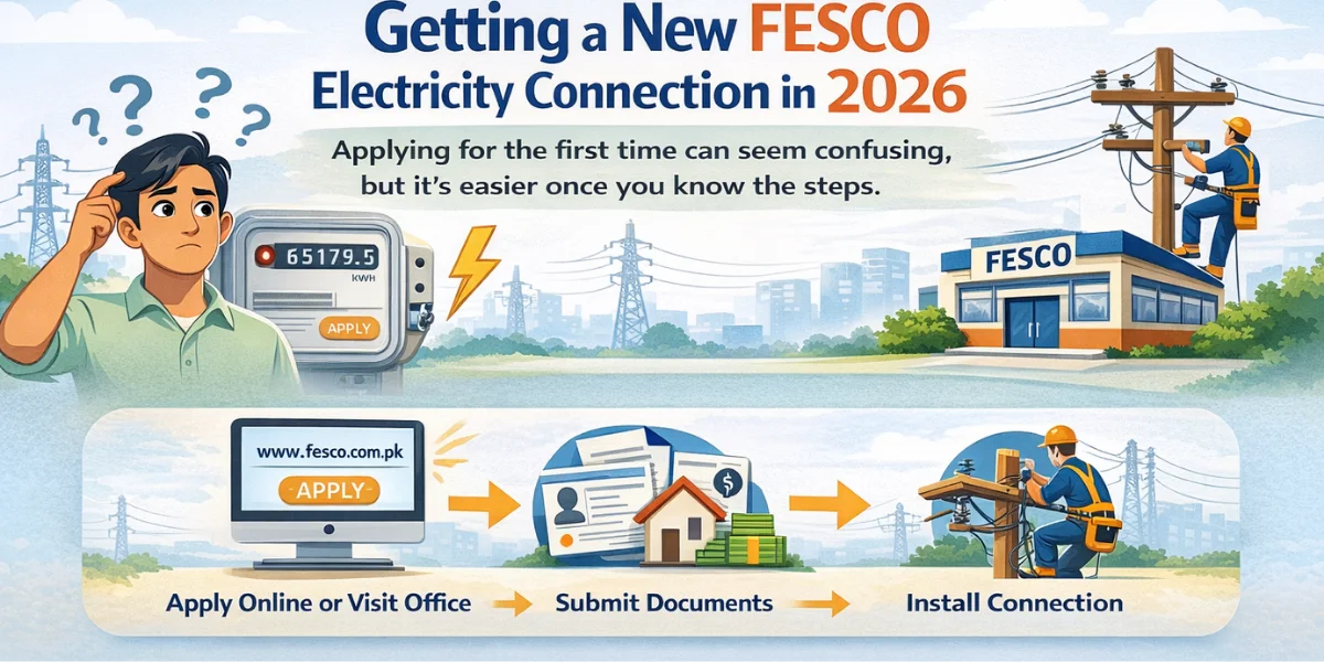 FESCO New Electricity Connection Guide to applying for a new FESCO electricity connection in 2026 showing online application, office visit, required documents, and installation steps.