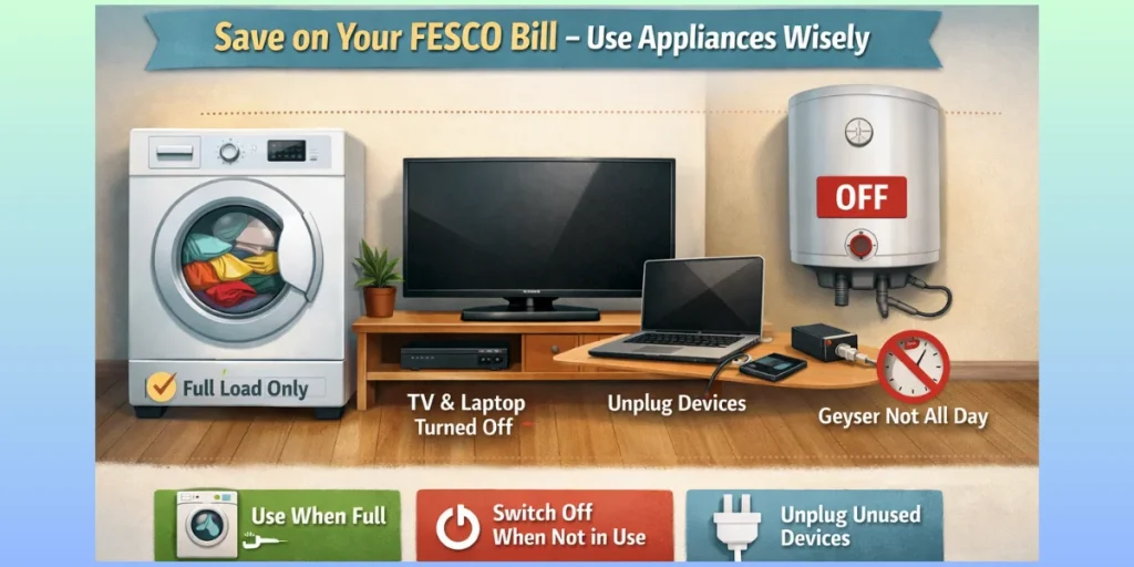 Tips to Reduce Your FESCO Electricity Bill showing energy-saving tips to reduce FESCO electricity bills in Pakistan.