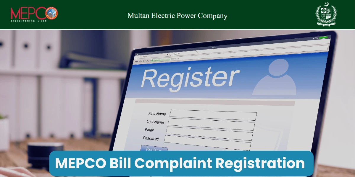 MEPCO Bill Complaint Registration Online Person submitting MEPCO bill complaint registration online at home on laptop.