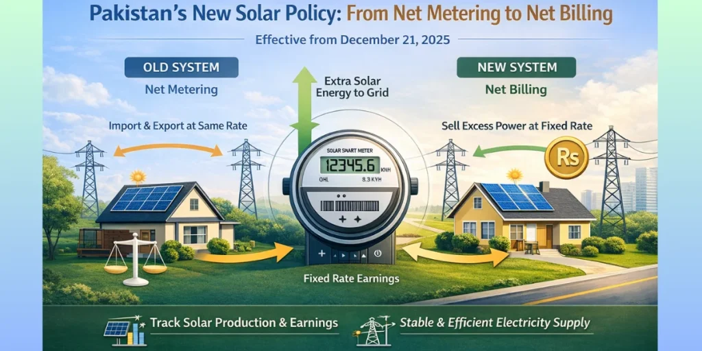Smart Meters Pakistan new solar policy infographic showing net metering vs net billing system with solar homes, electricity meter, and power grid